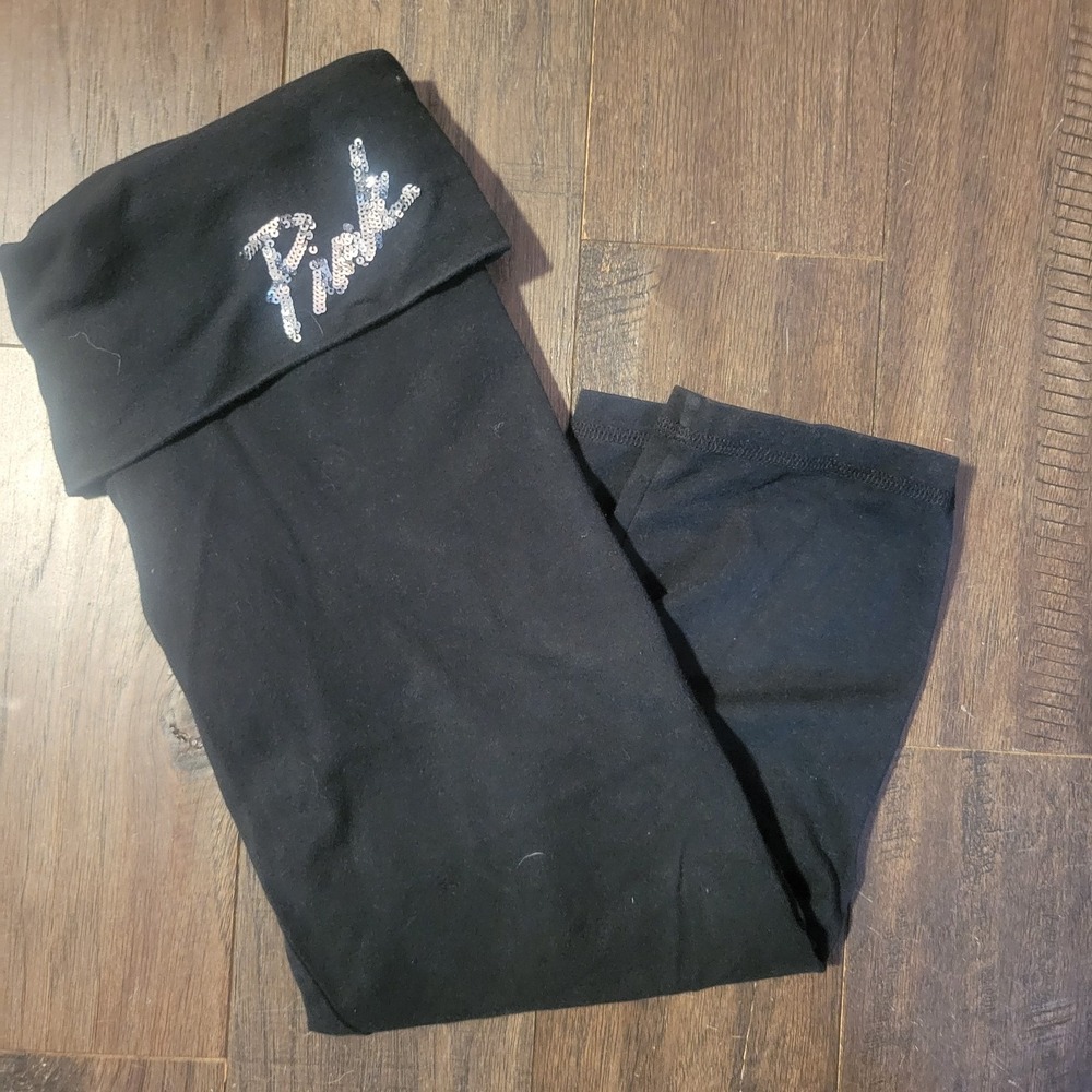 RARE Victoria's Secret PINK Fold Down  Sequined Crop Legging Yoga Black - Small